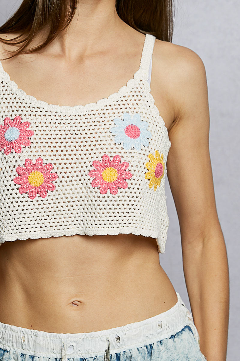 POL U-Neck Cropped Crochet Cami with floral embroidery by Trendsi, ivory crochet with pink, blue, and yellow flowers