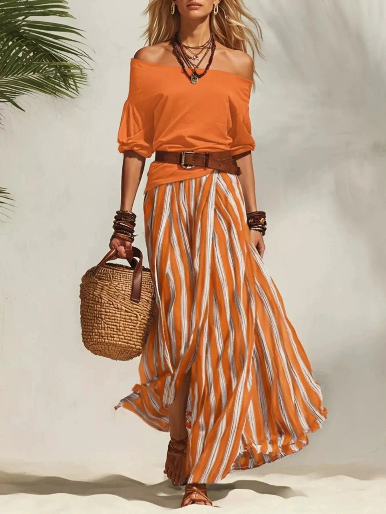 Outfit set: orange off-shoulder top with belted orange-and-white striped maxi skirt and woven tote.