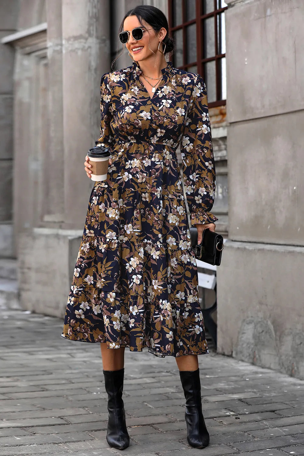 Perfee Floral Flounce Sleeve Tiered Dress, navy floral print, long sleeves
