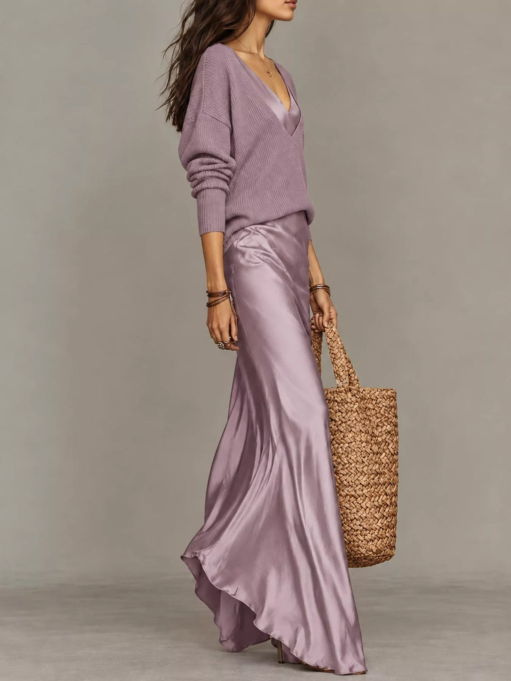 V-Neck Sweater & Satin Slip Maxi Dress Set in Purple by Belle Bijouix – view 30 of 41