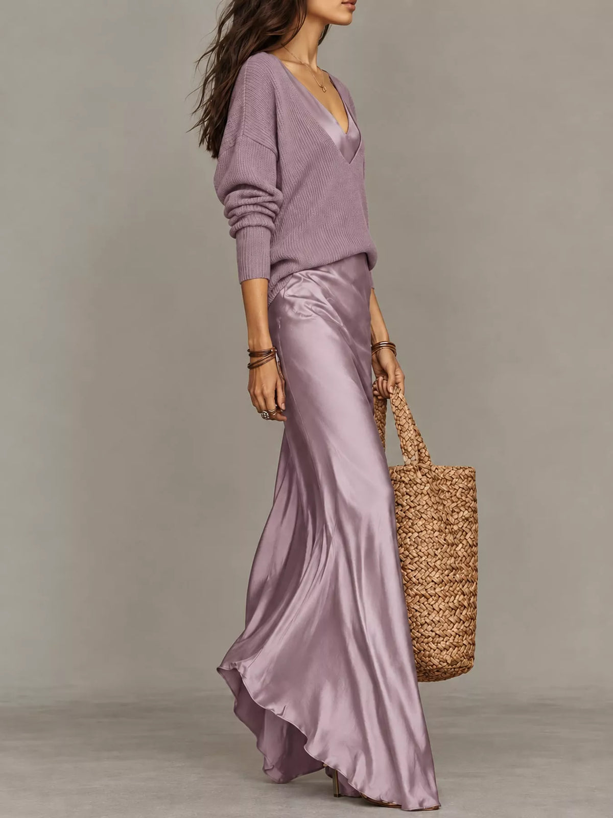 V-Neck Sweater & Satin Slip Maxi Dress Set in Purple by Belle Bijouix – view 30 of 41