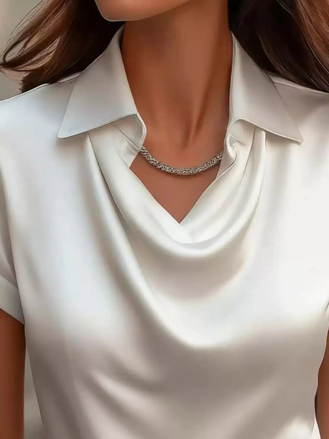 Trendsi plus-size satin blouse with cowl neck and short sleeves in white.