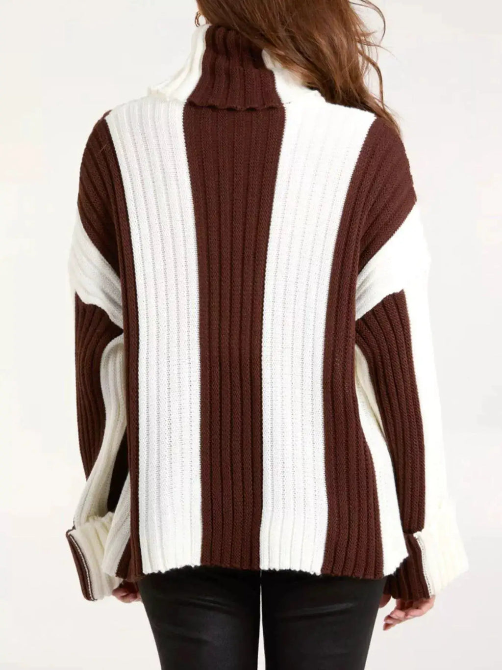 Color Block Ribbed Turtleneck Sweater in maroon and white two-tone.