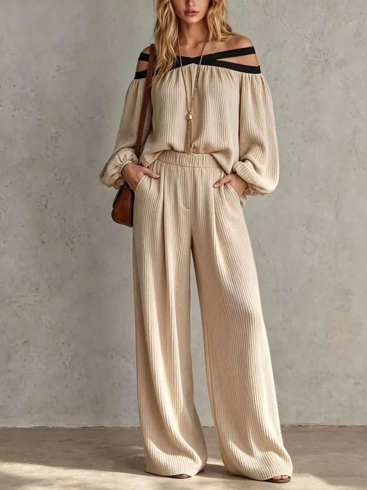 Off-Shoulder Crisscross Top & Wide-Leg Pants Set by Belle Bijouix – view 1 of 12