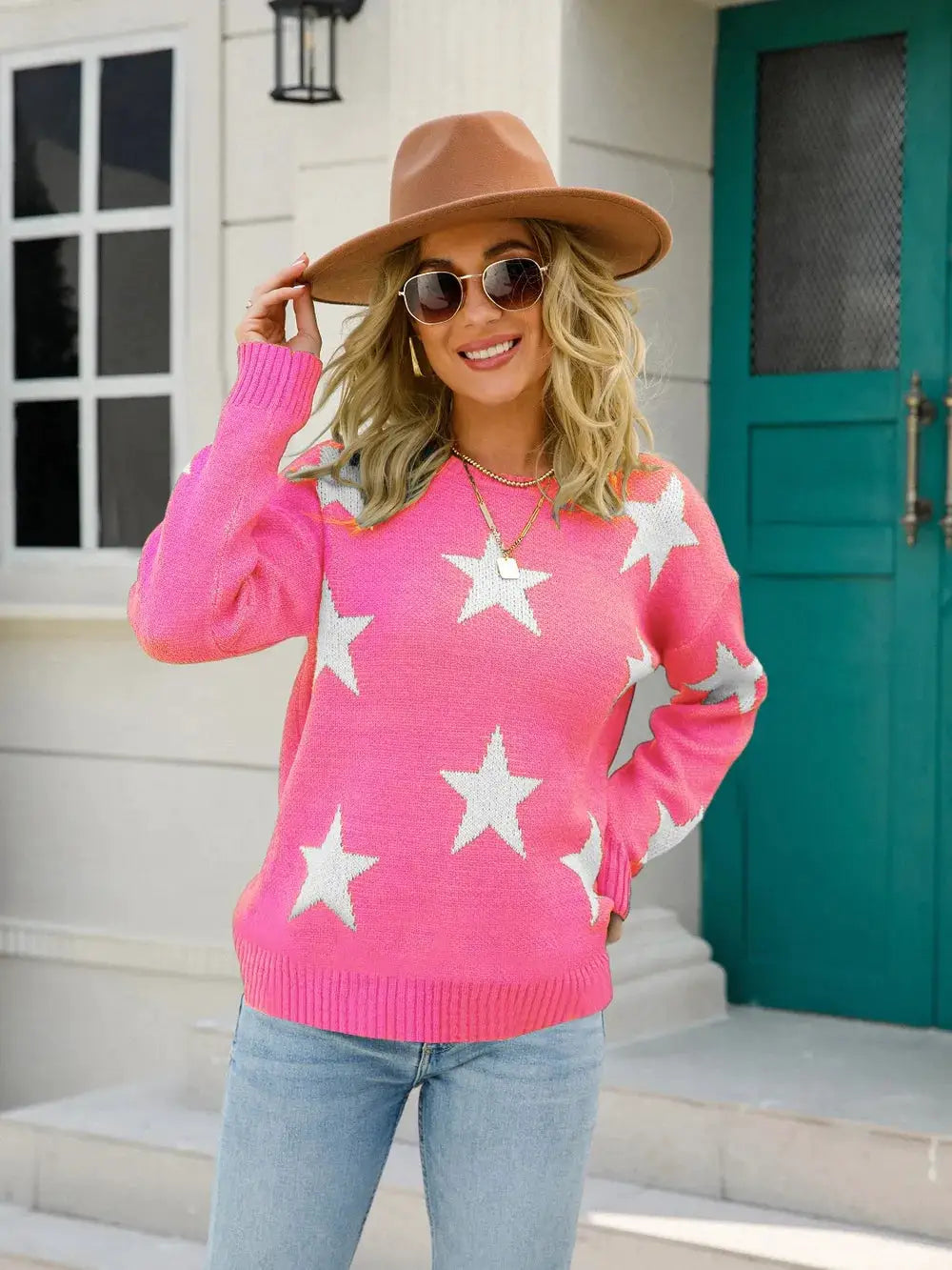 Angel Wings Star Round Neck Dropped Shoulder Sweater in pink with white stars by Belle Bijouix
