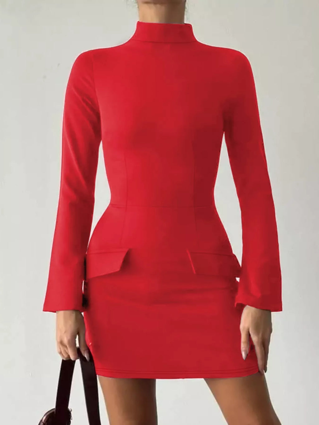 Mock Neck Long Sleeve Bodycon Dress by Belle Bijouix in red with a fitted silhouette