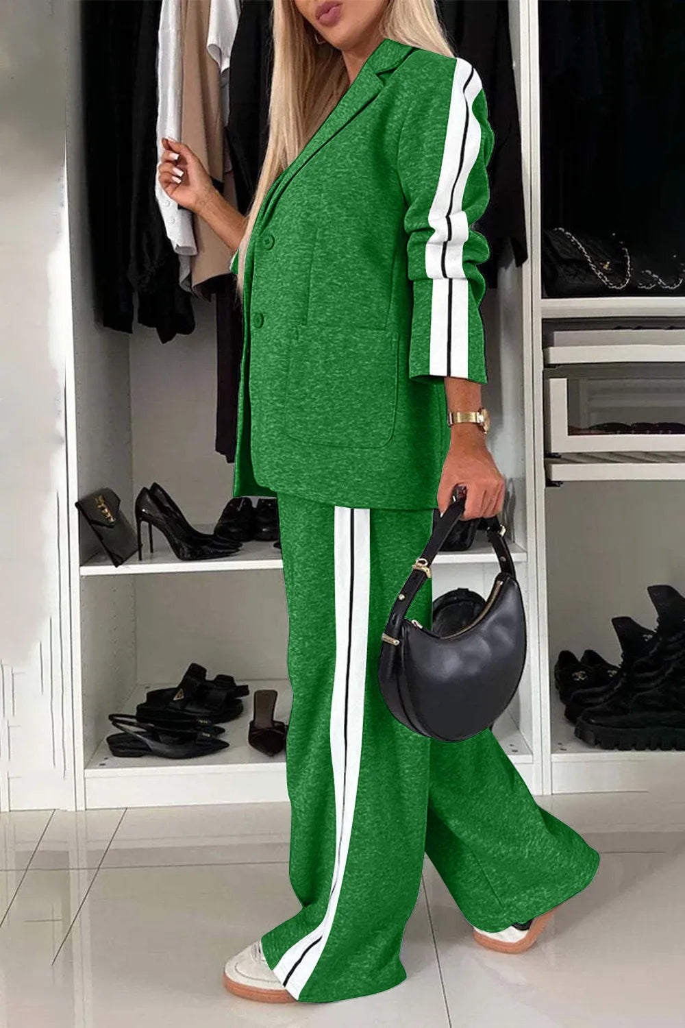 Full Size Contrast Lapel Collar Top and Pants Set in green with white side stripes, buttoned and pocketed active wear.