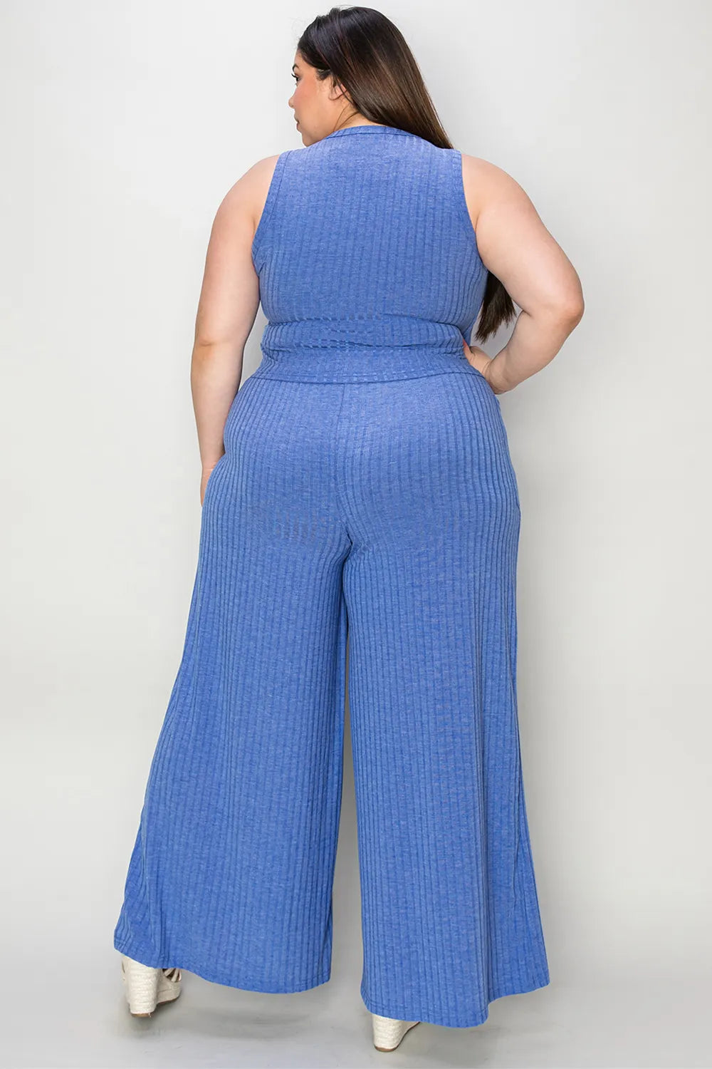 Basic Bae ribbed tank and wide-leg pants set in blue from Belle Bijouix, plus-size