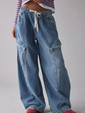 Drawstring Waist Cargo Jeans, blue denim with cargo pockets and relaxed fit