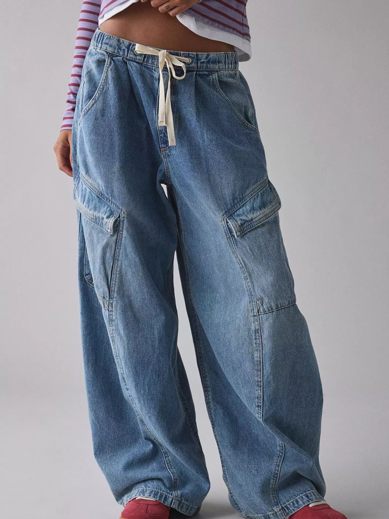 Drawstring Waist Cargo Jeans, blue denim with cargo pockets and relaxed fit