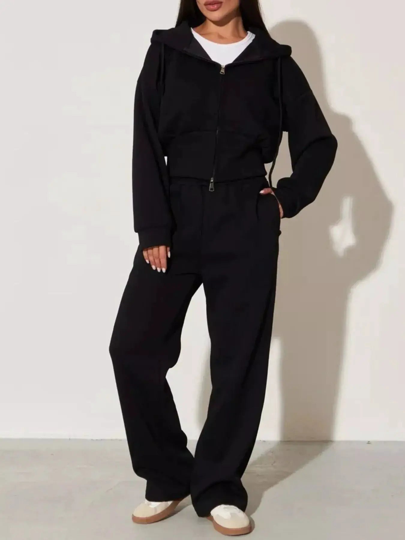 Zip-Up Hoodie & Wide Leg Pants Set in black for women; two-piece loungewear.