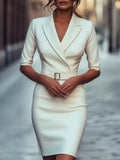 Surplice Half Sleeve Dress by Belle Bijouix, ivory with belted waist