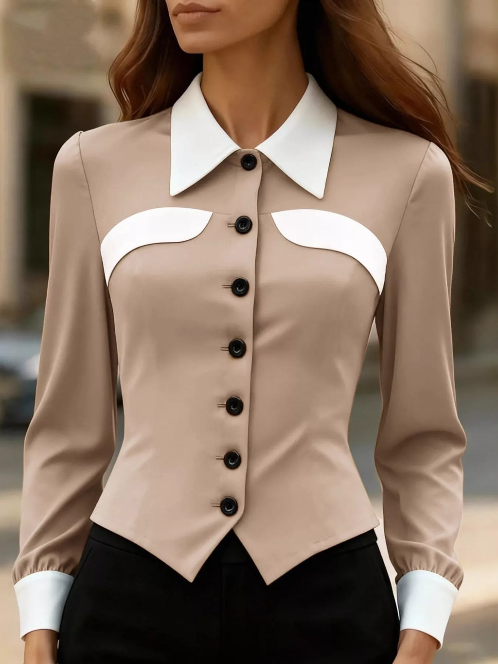 Contrast Button-Down Shirt by Belle Bijouix in beige with white collar and curved white chest panels