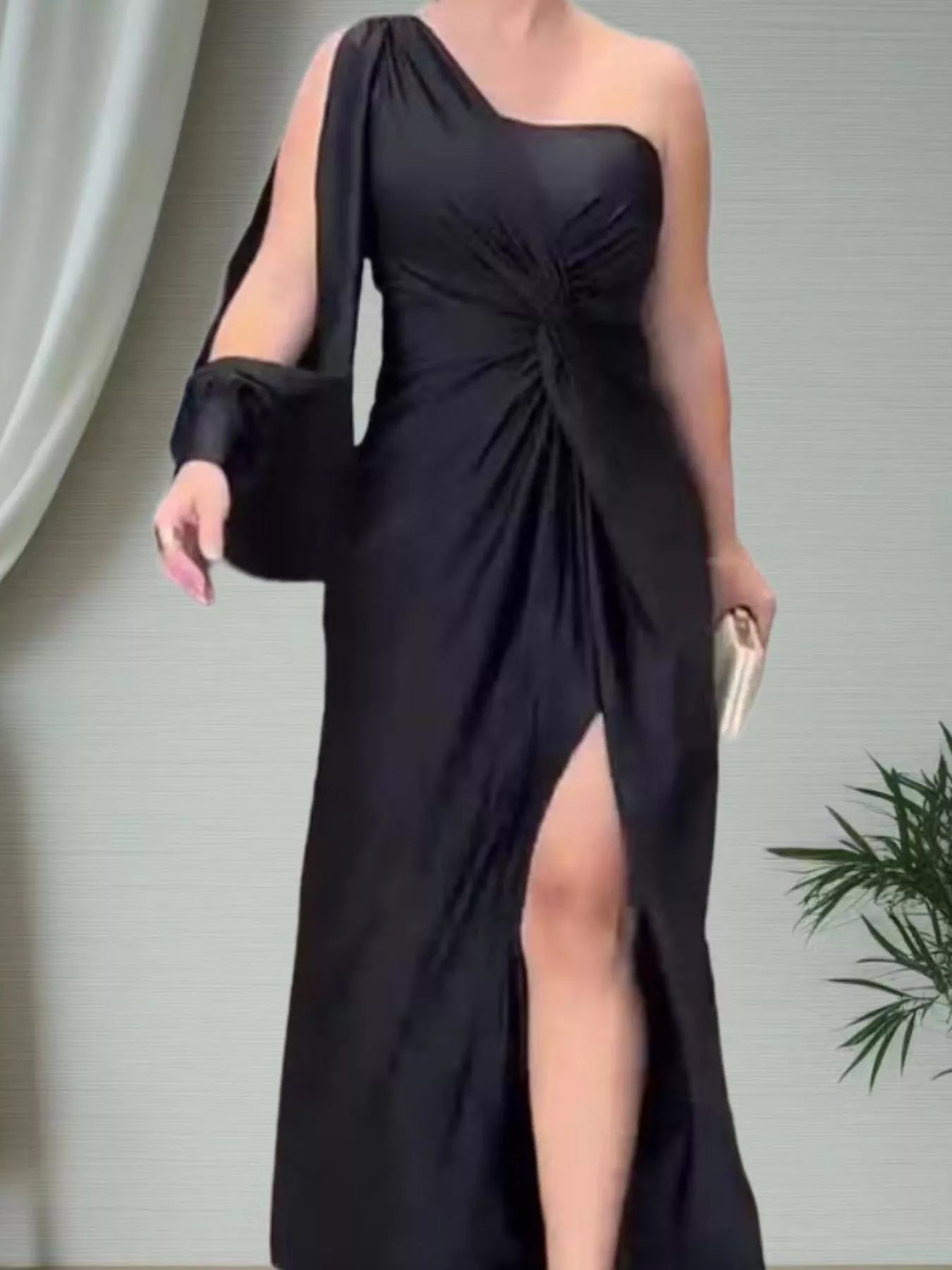 One-shoulder knot-detail maxi dress, plus size, black, with thigh-high slit