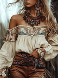 Off-Shoulder Long Sleeve Blouse in cream with boho paisley print