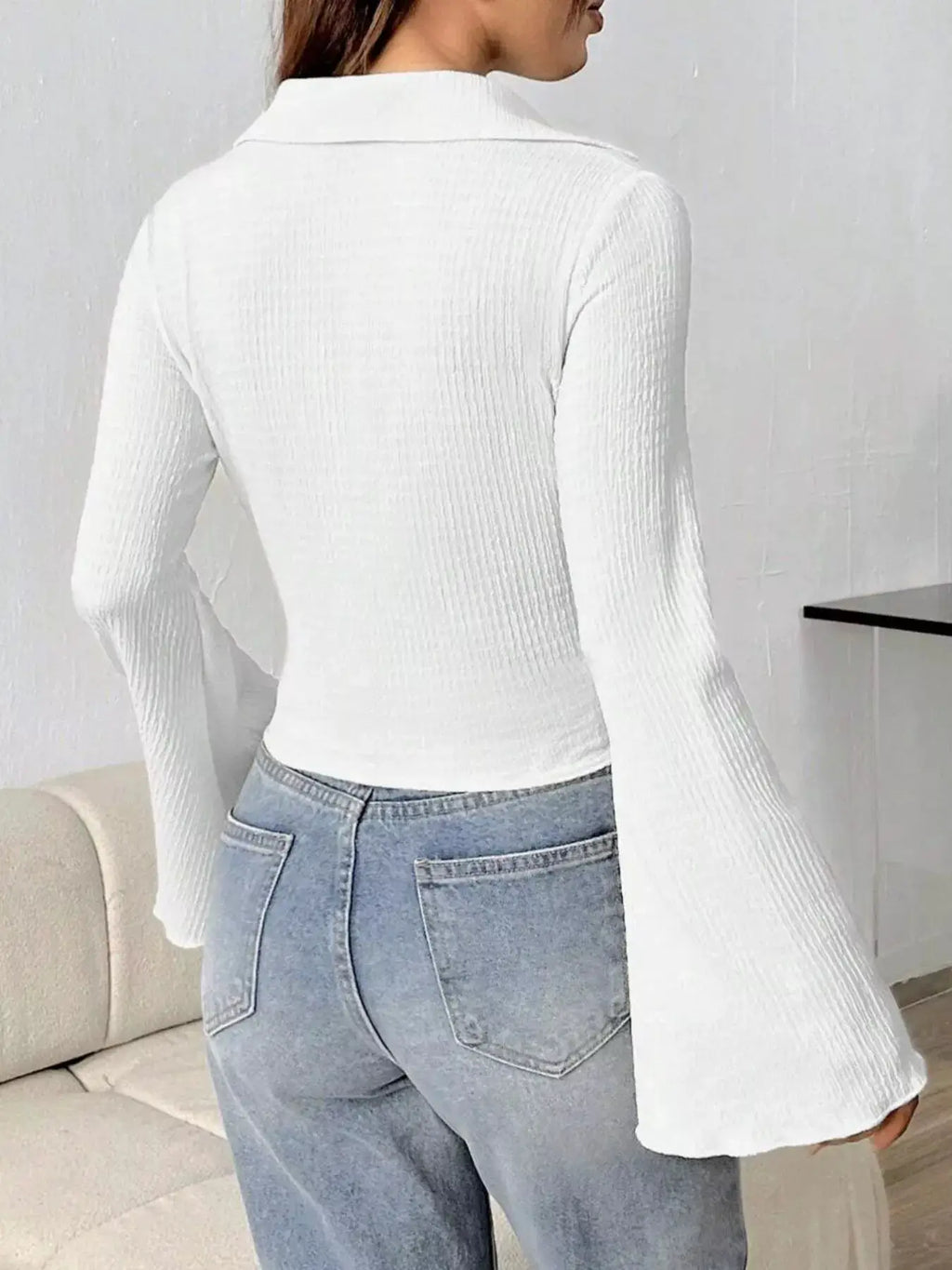 Button Up Flare Sleeve Shirt by Trendsi; white ribbed knit top