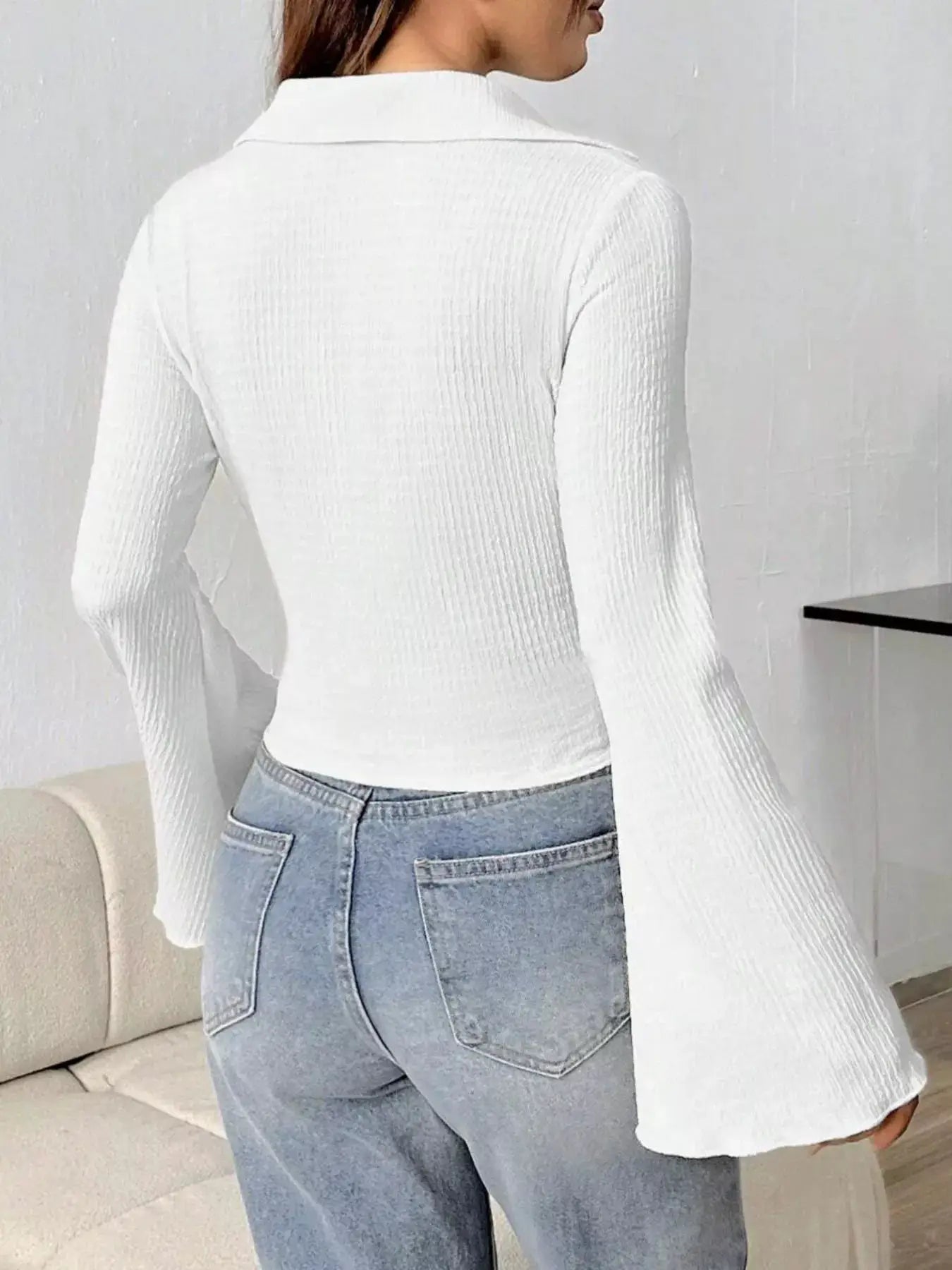 Button Up Flare Sleeve Shirt by Trendsi; white ribbed knit top