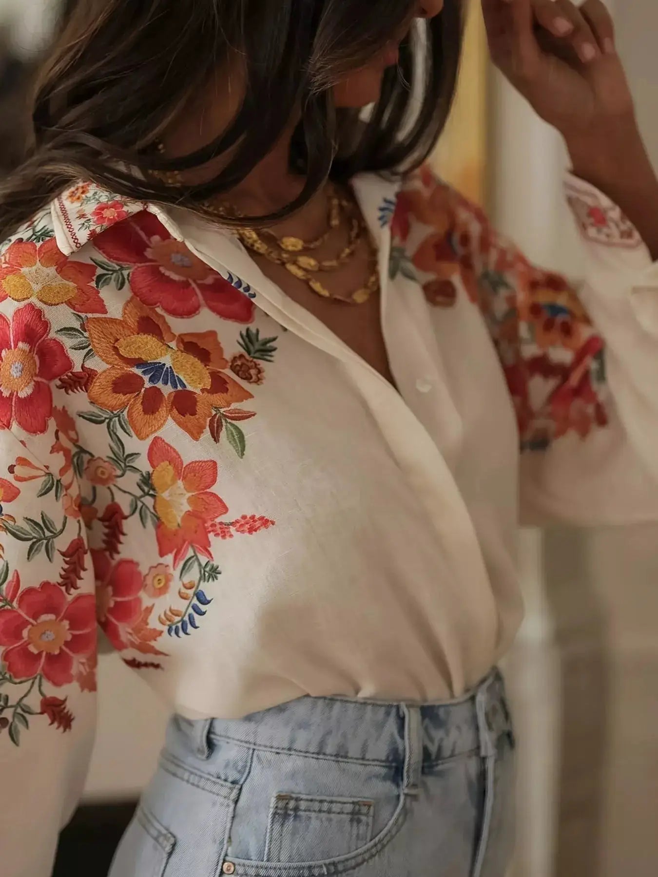 Floral Print Button-Up Shirt by Belle Bijouix, white with vibrant orange and pink floral pattern