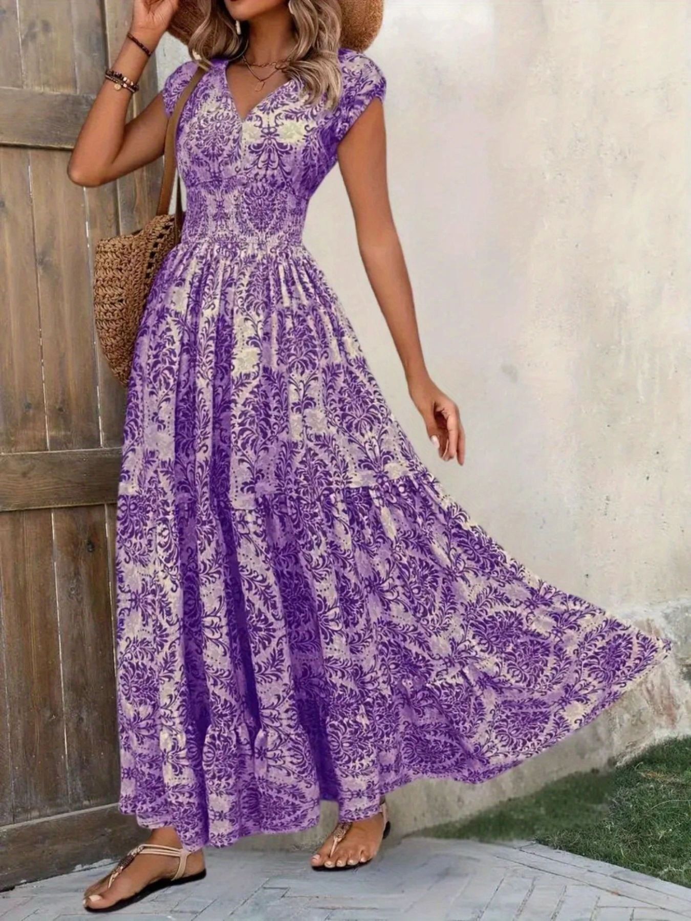 Printed cap-sleeve maxi dress in purple floral print; tiered, smocked bodice by Bellebijouix