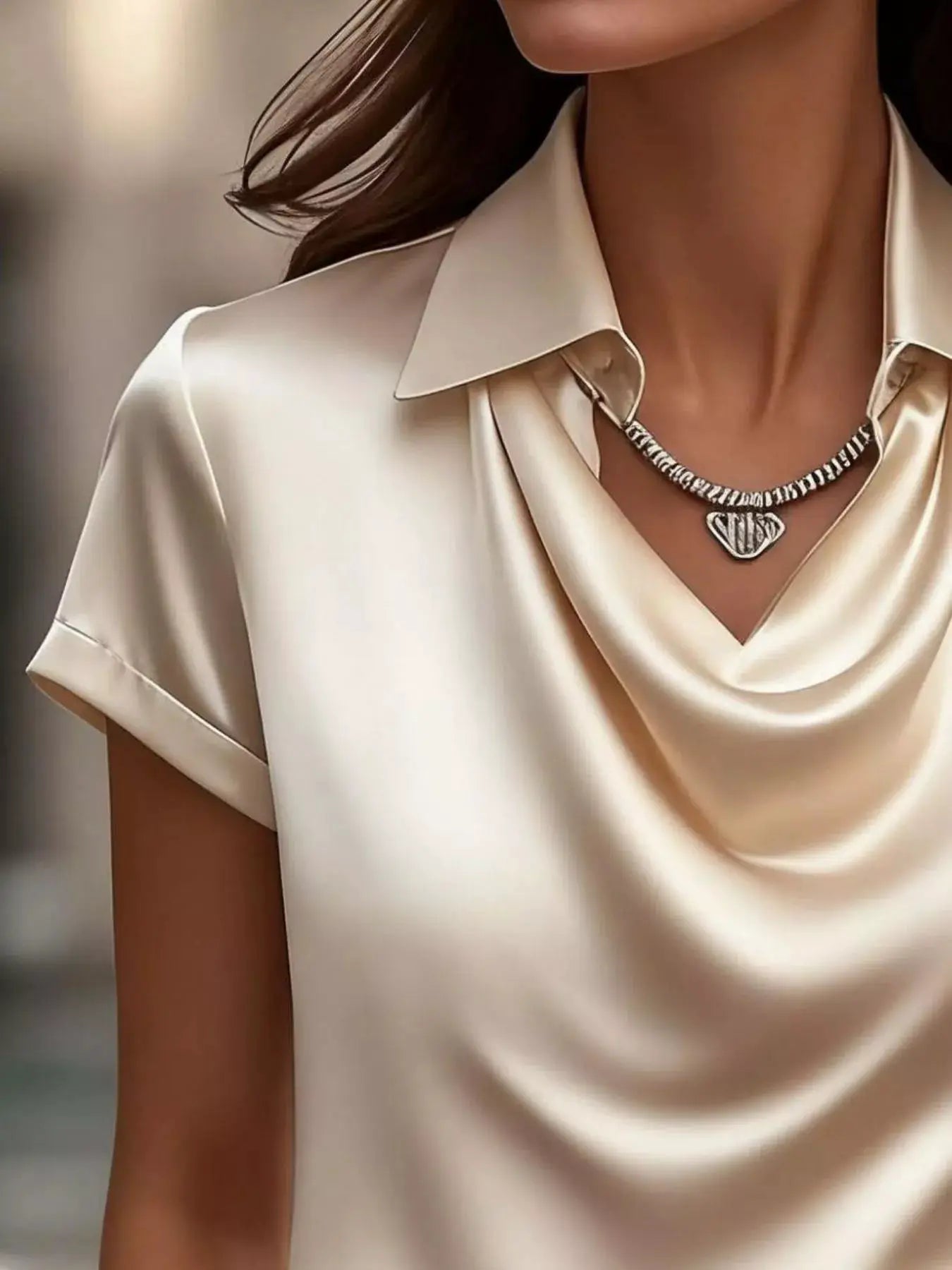 Full-size ivory satin blouse with a draped cowl neck and short sleeves, plus size