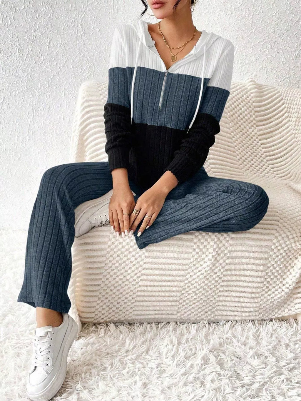 Color Block Half Zip Hooded Top and Pants Set by Belle Bijouix; rib-knit loungewear in white, gray, and navy.