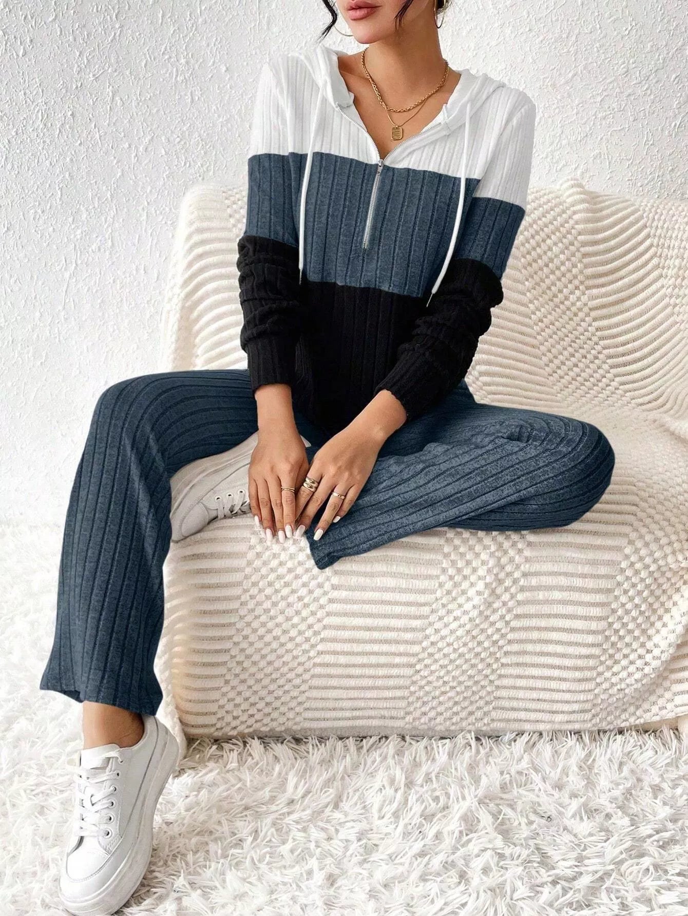 Color Block Half Zip Hooded Top and Pants Set by Belle Bijouix; rib-knit loungewear in white, gray, and navy.
