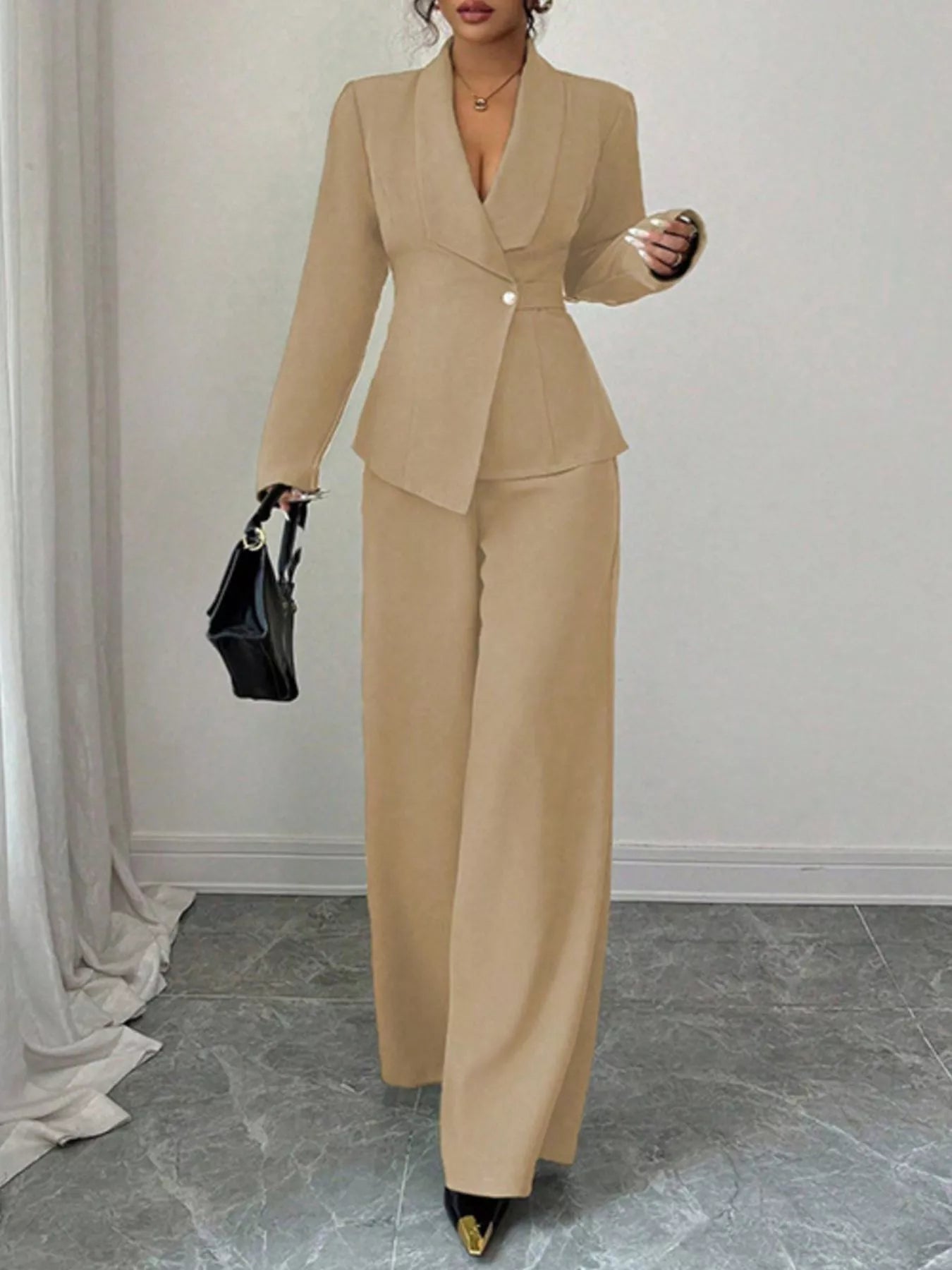 One Button Blazer and Pants Set by Belle Bijouix, beige pant suit with single-button blazer and wide-leg pants.