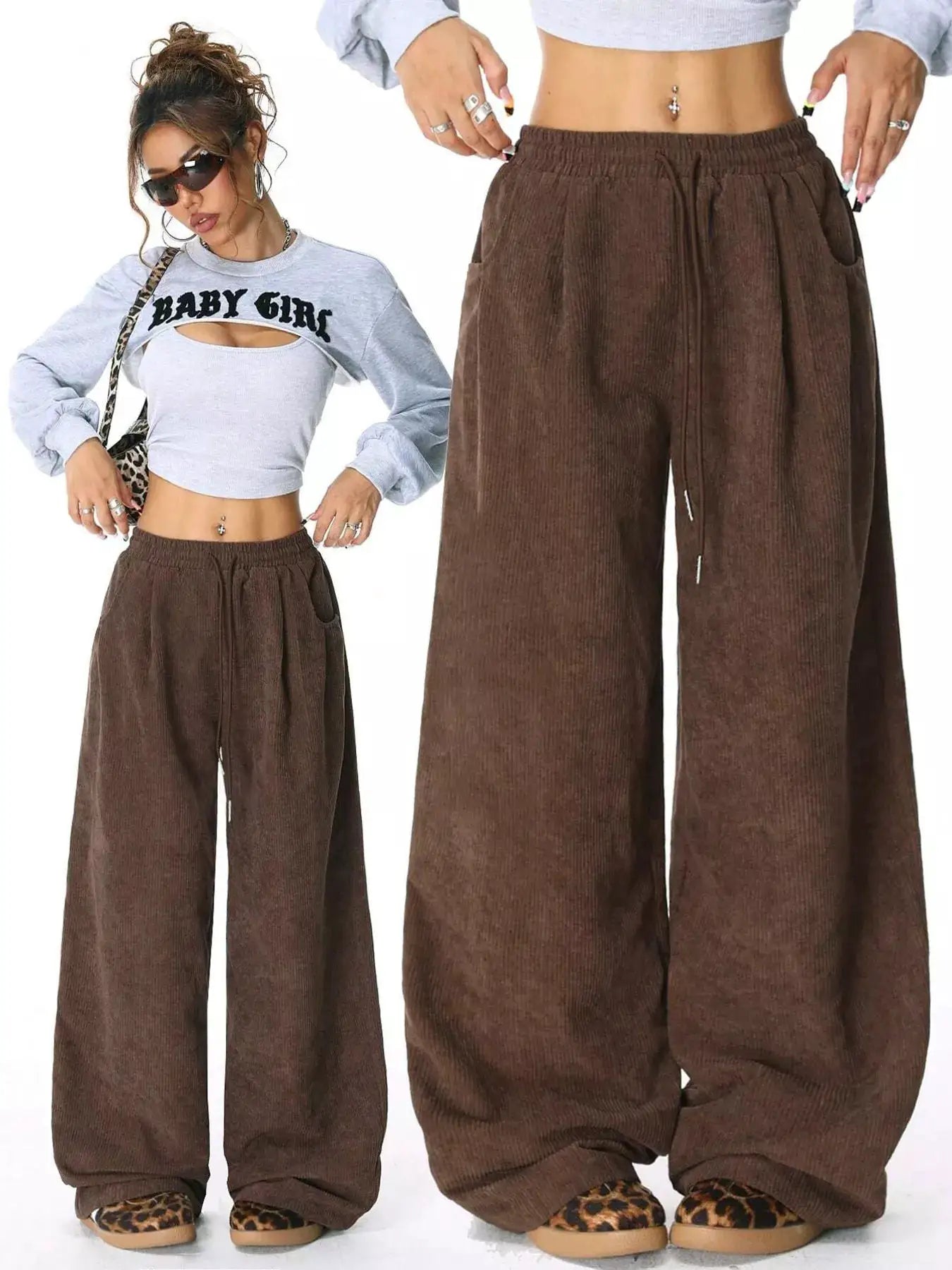 Casual Corduroy Wide-Leg Pants by Belle Bijouix, brown with drawstring and pockets