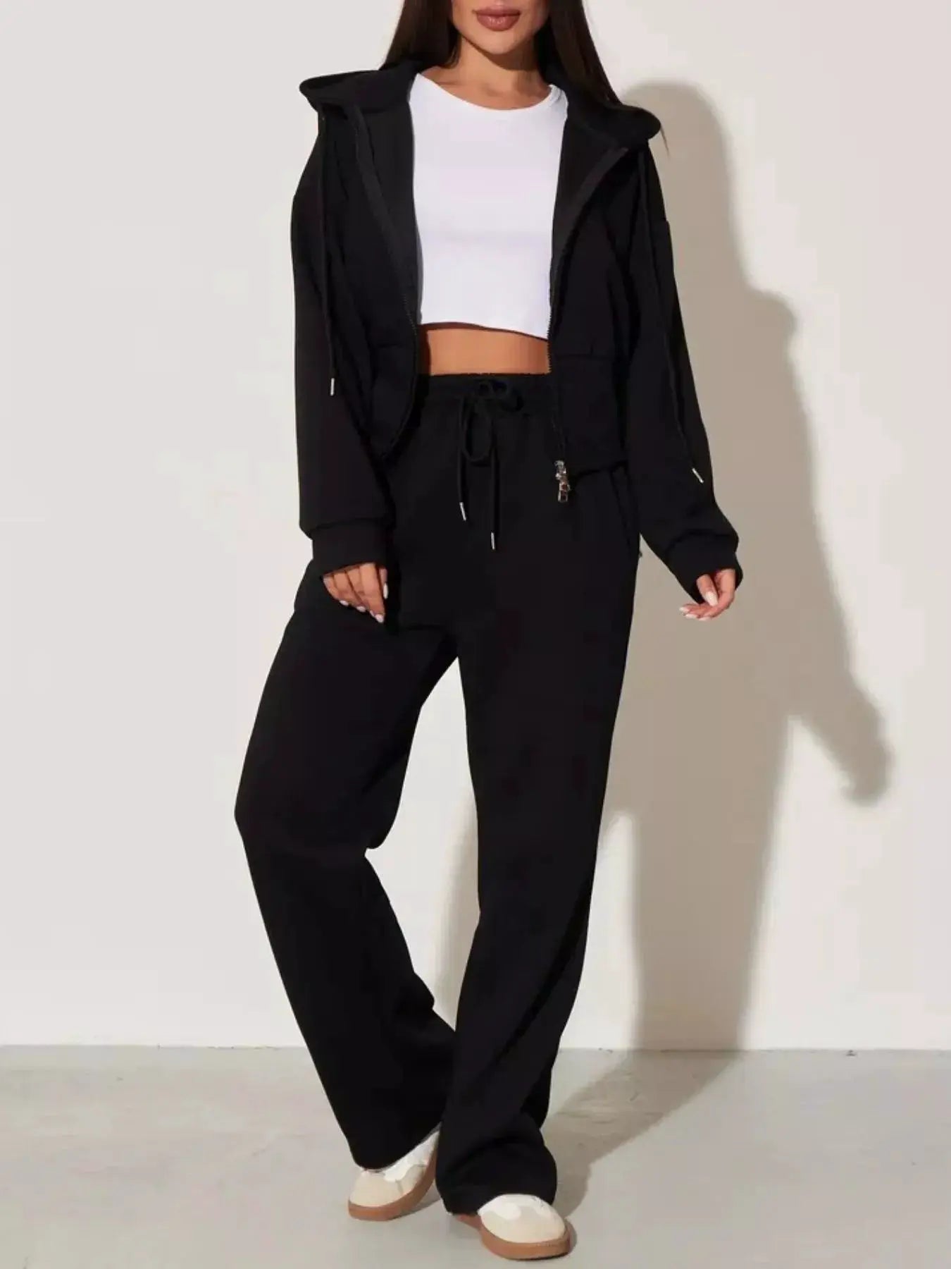 Zip-Up Hoodie & Wide-Leg Pants Set, women's black loungewear two-piece with drawstring waist