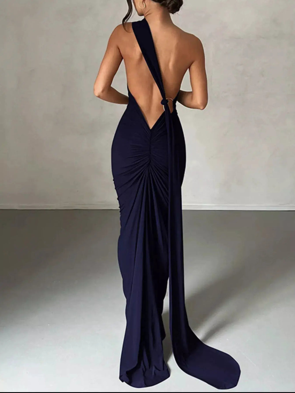 Backless One-Shoulder Ruched Bodycon Navy Maxi Dress by Belle Bijouix