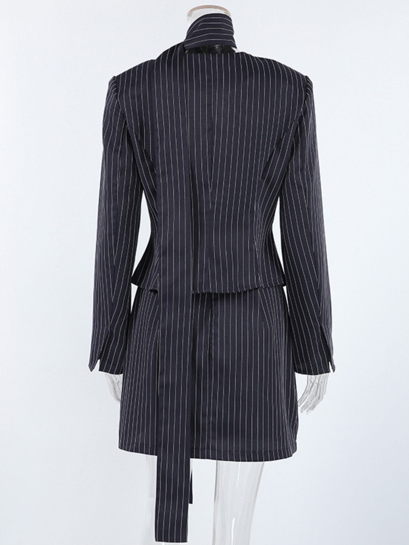 Striped blazer and mini skirt set with neck tie, navy pinstripe by Belle Bijouix