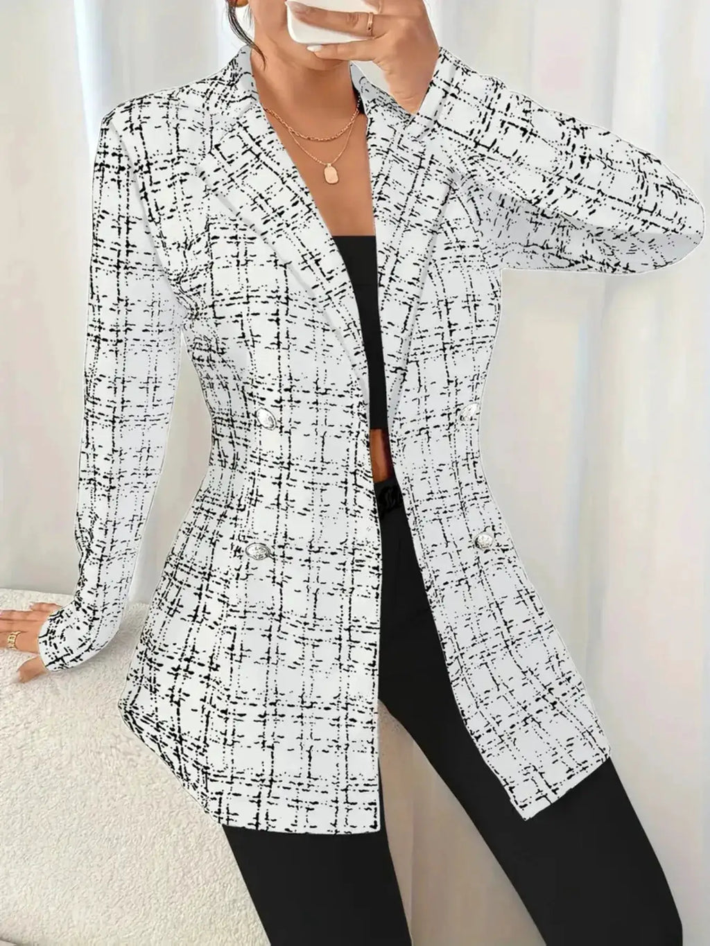Tweed double-breasted blazer by Belle Bijouix in white with black grid pattern