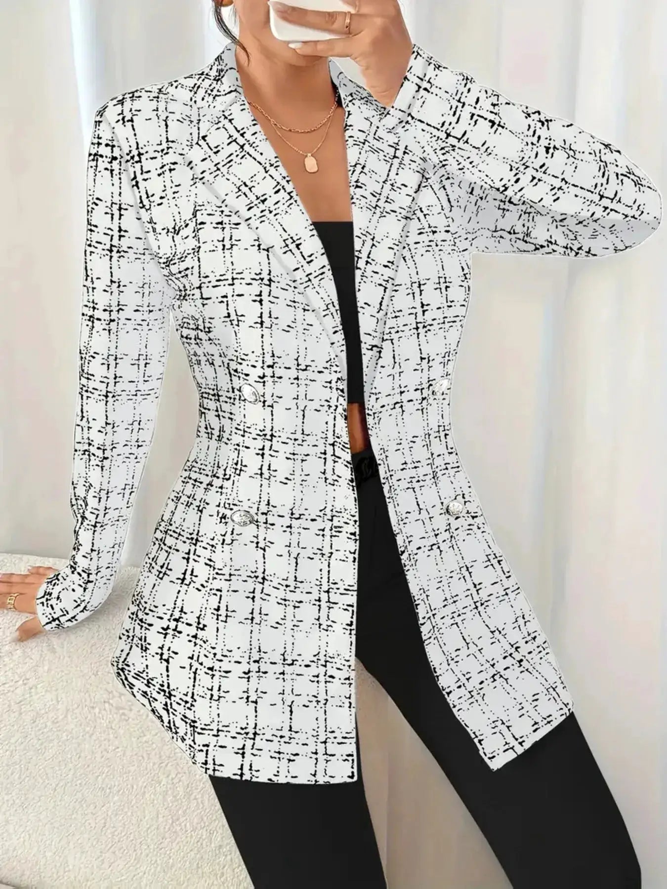 Tweed double-breasted blazer by Belle Bijouix in white with black grid pattern