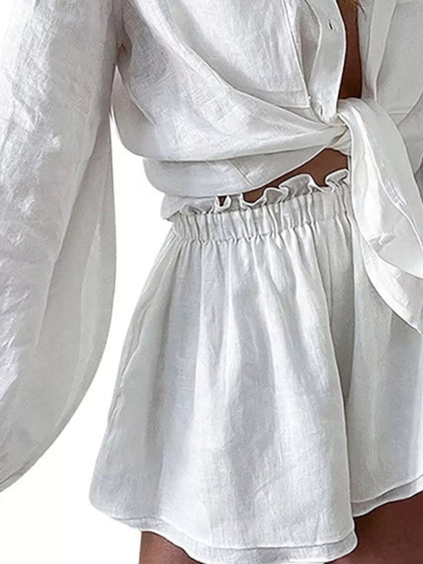 Button Up Long Sleeve Shirt and Shorts Set, white fabric with tied waist and elastic waistband shorts