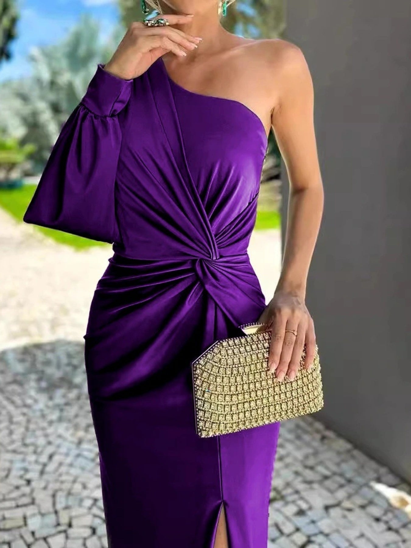 Plus-size purple one-shoulder knot-detail maxi dress with slit