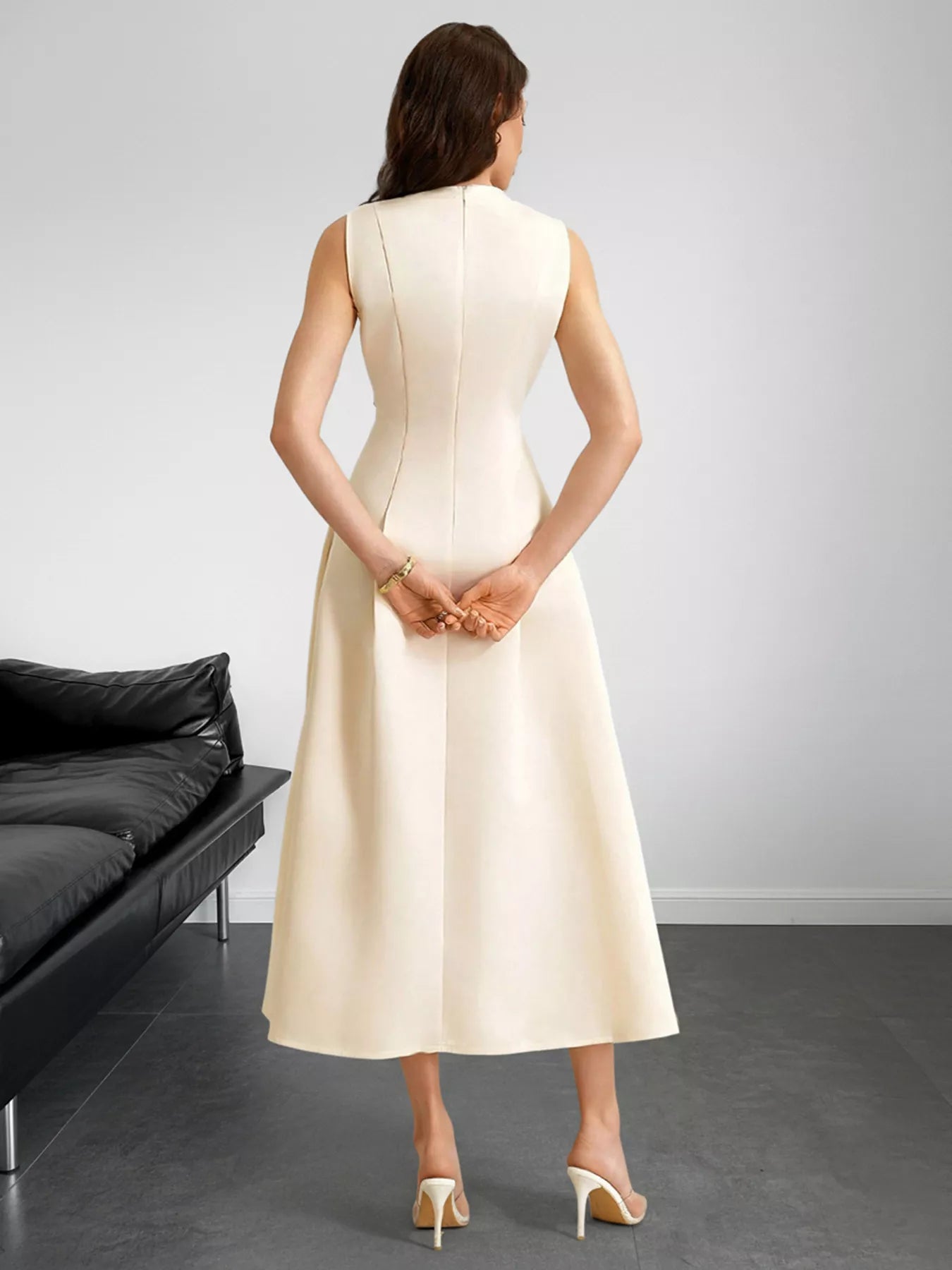 Sleeveless A-Line Midi Dress by Belle Bijouix in ivory with pockets
