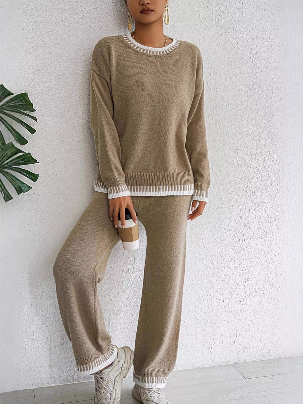 Contrast Trim Sweater & Pants Set
