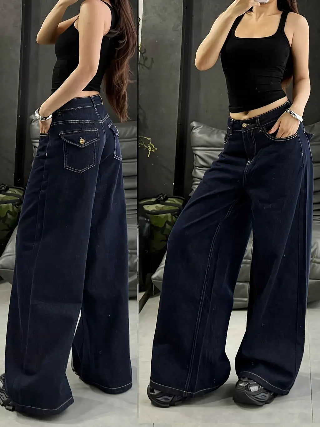 Wide Leg Jeans in dark indigo denim, pocketed and buttoned, shown from front and back.