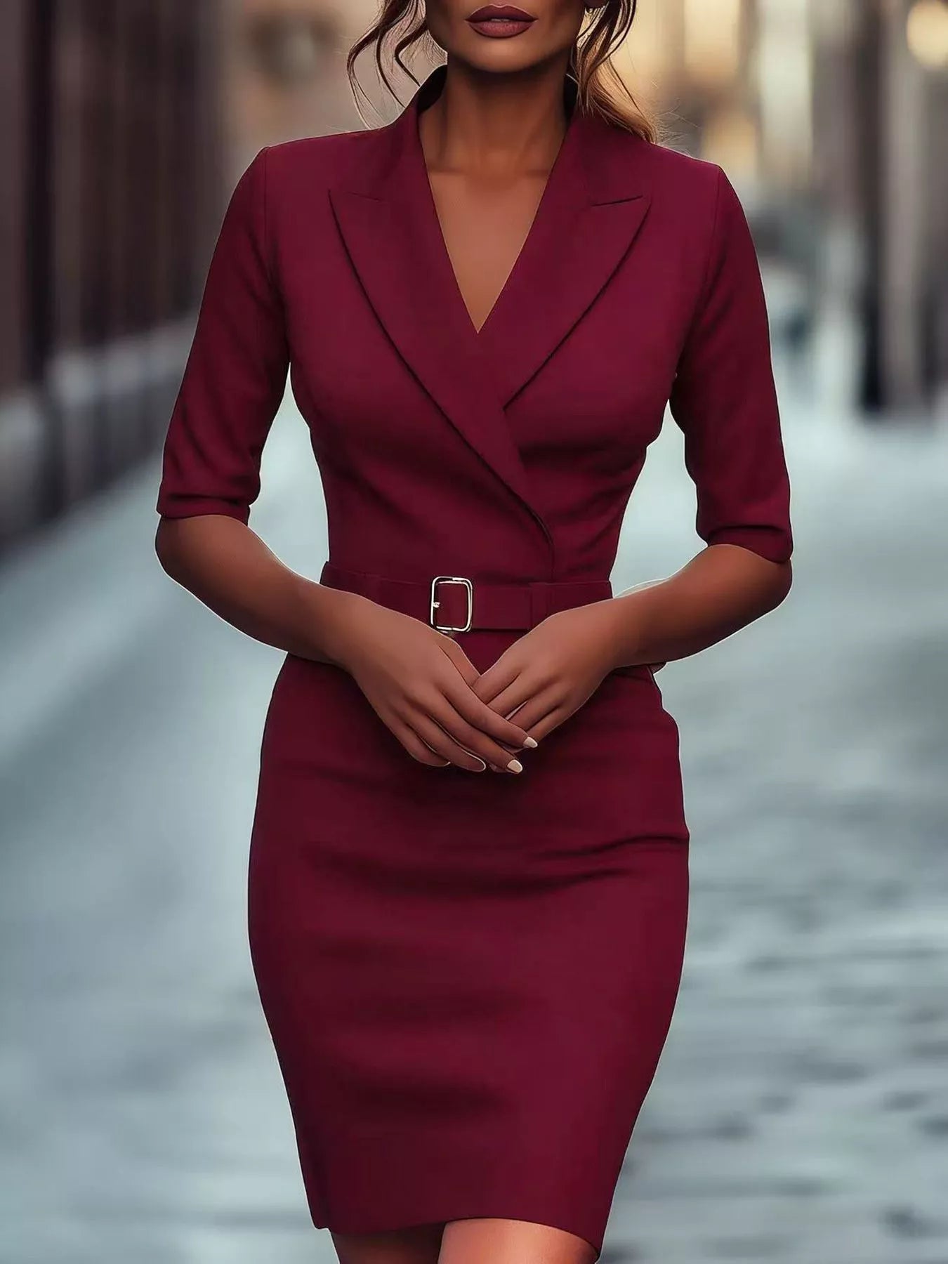 Surplice Half Sleeve Dress in burgundy with wrapped bodice and waist belt.