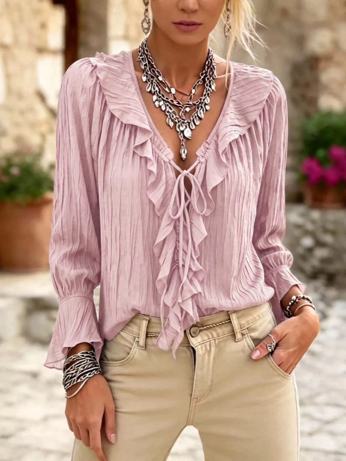 Ruffled Tie Neck Long Sleeve Blouse