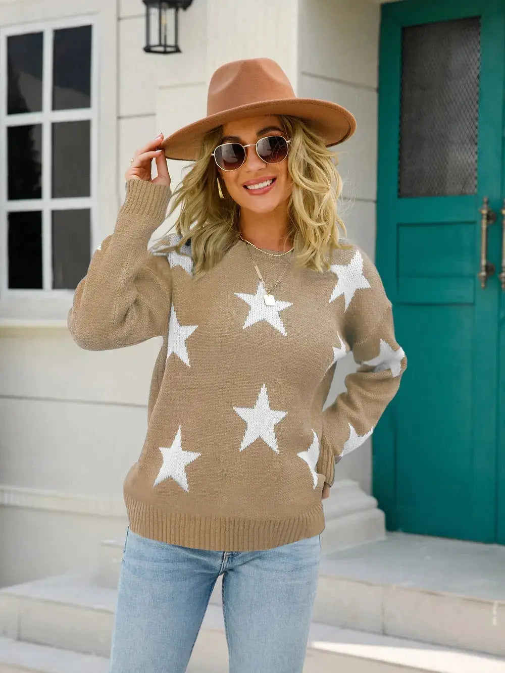 Angel Wings Star Round Neck Dropped Shoulder Sweater tan knit top with white star pattern