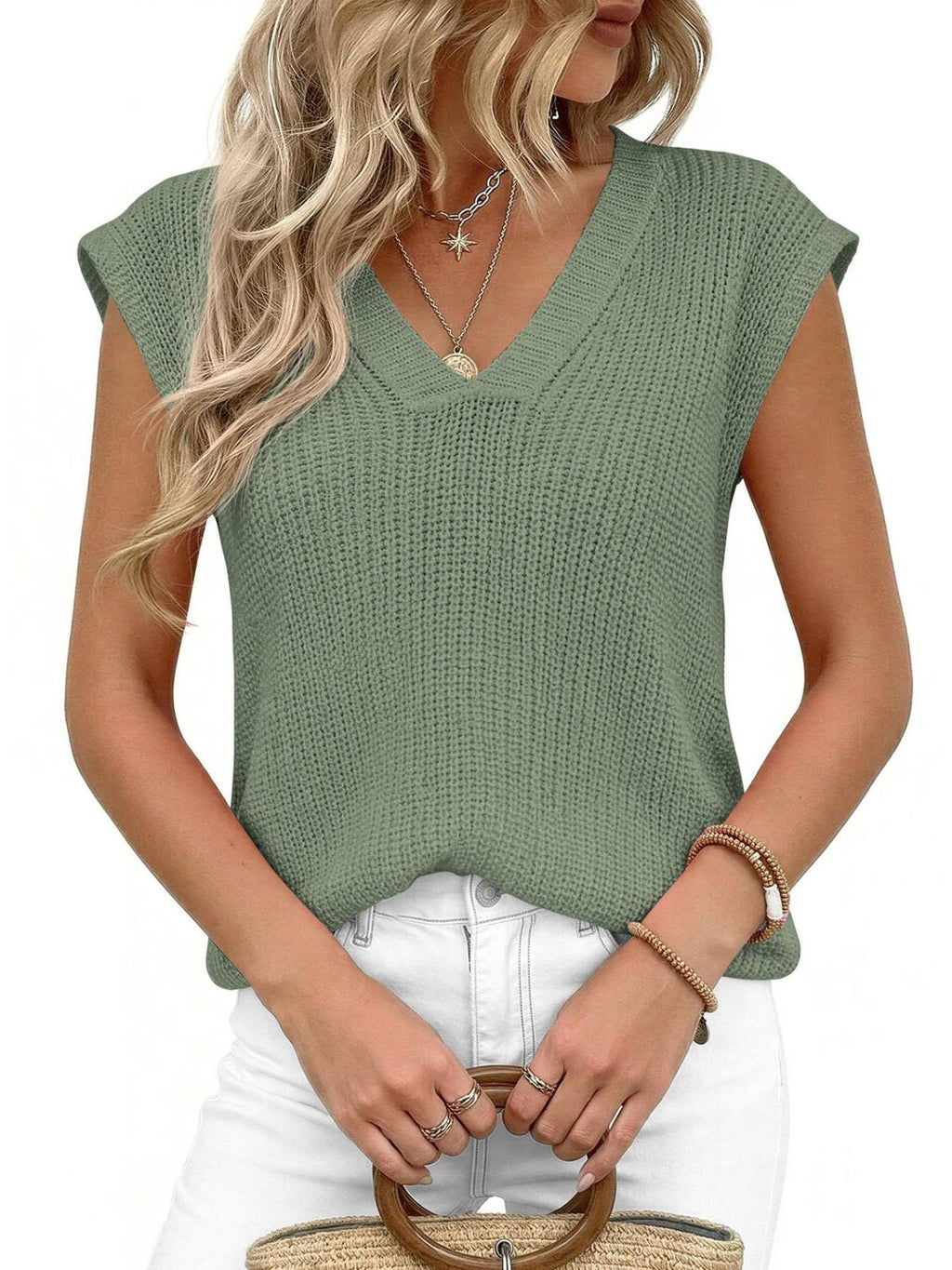 V-Neck Sweater Vest in sage green knit, sleeveless top worn with white jeans and layered necklaces