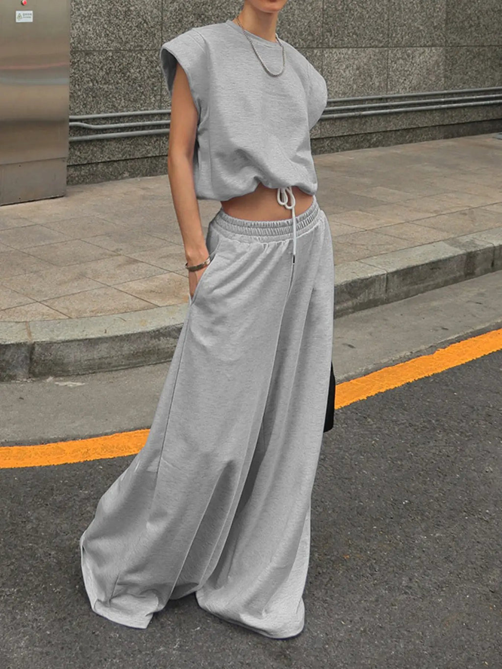 Round Neck Top and Wide Leg Pants Set by Belle Bijouix in grey activewear with drawstring waist