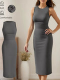 Sleeveless Round-Neck Midi Dress by Belle Bijouix in grey stretch fabric; front and back views.
