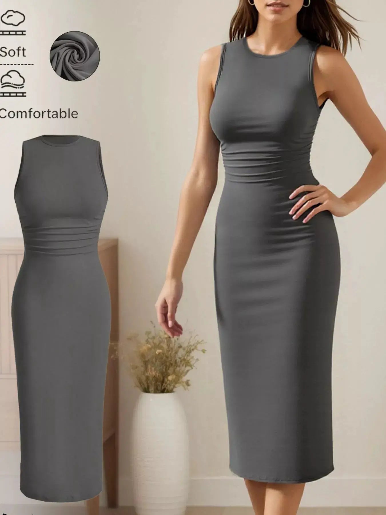 Sleeveless Round-Neck Midi Dress by Belle Bijouix in grey stretch fabric; front and back views.