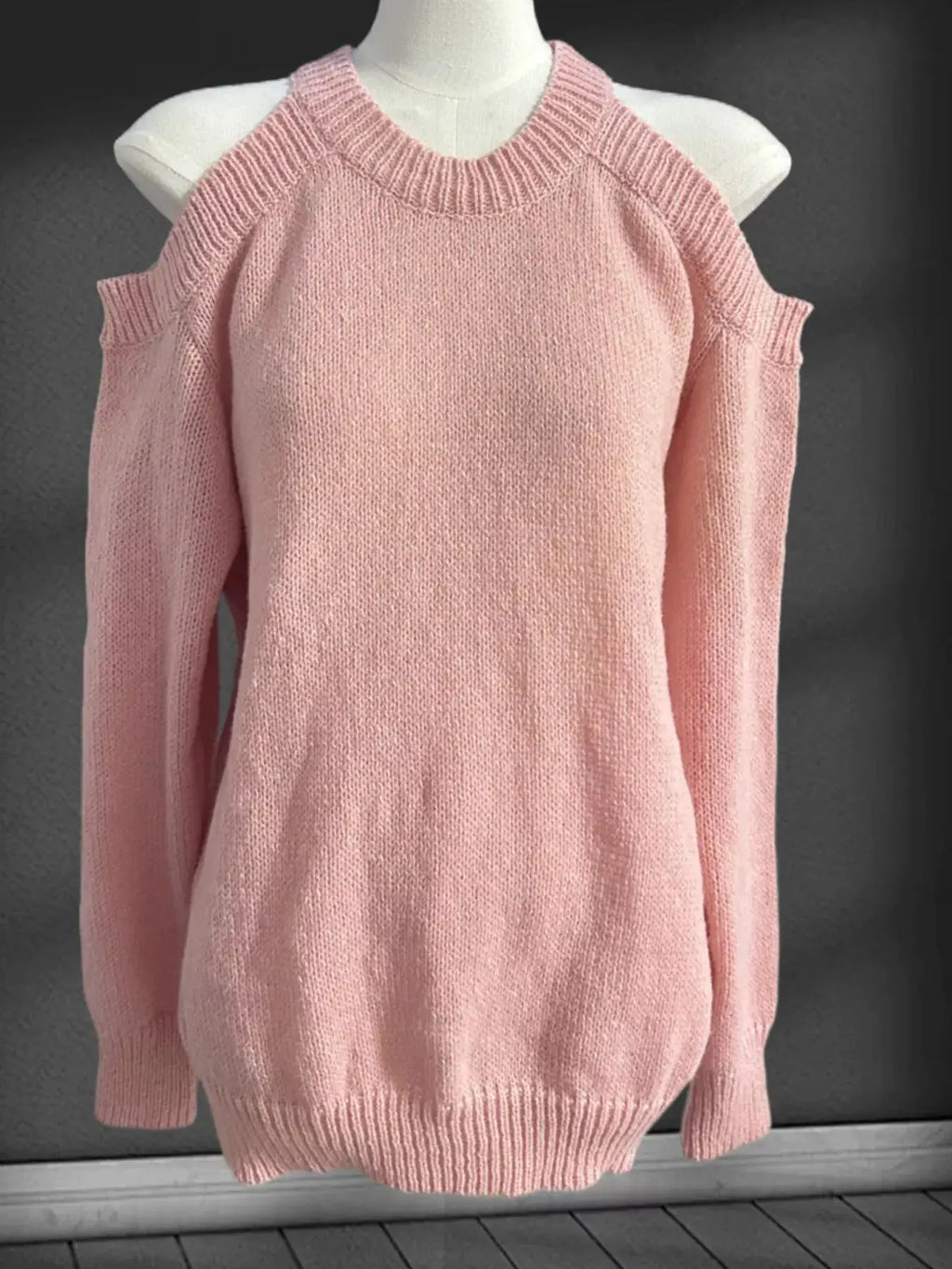 Cold Shoulder Knit Sweater by Belle Bijouix, pink knit with ribbed trim.