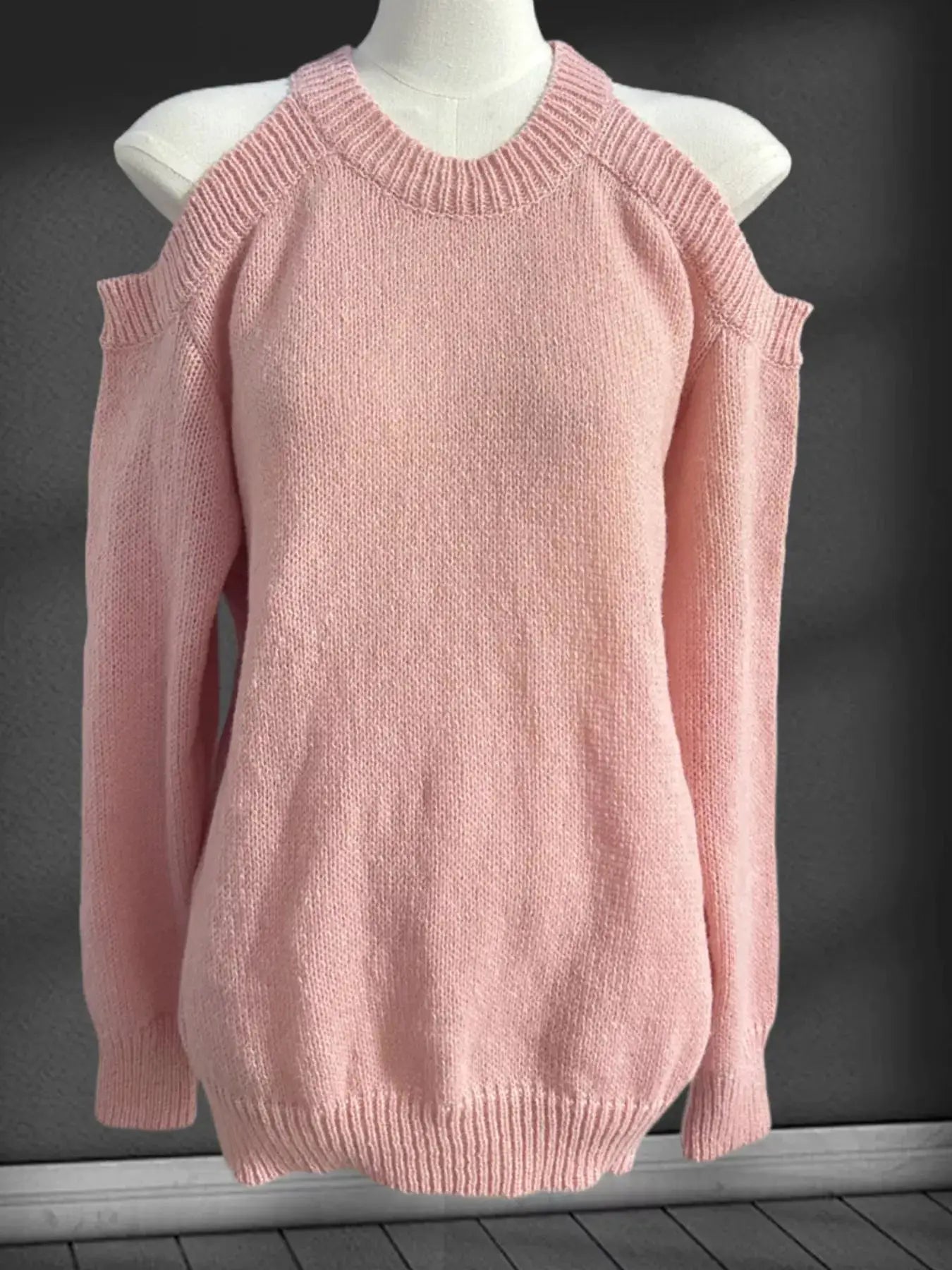 Cold Shoulder Knit Sweater by Belle Bijouix, pink knit with ribbed trim.