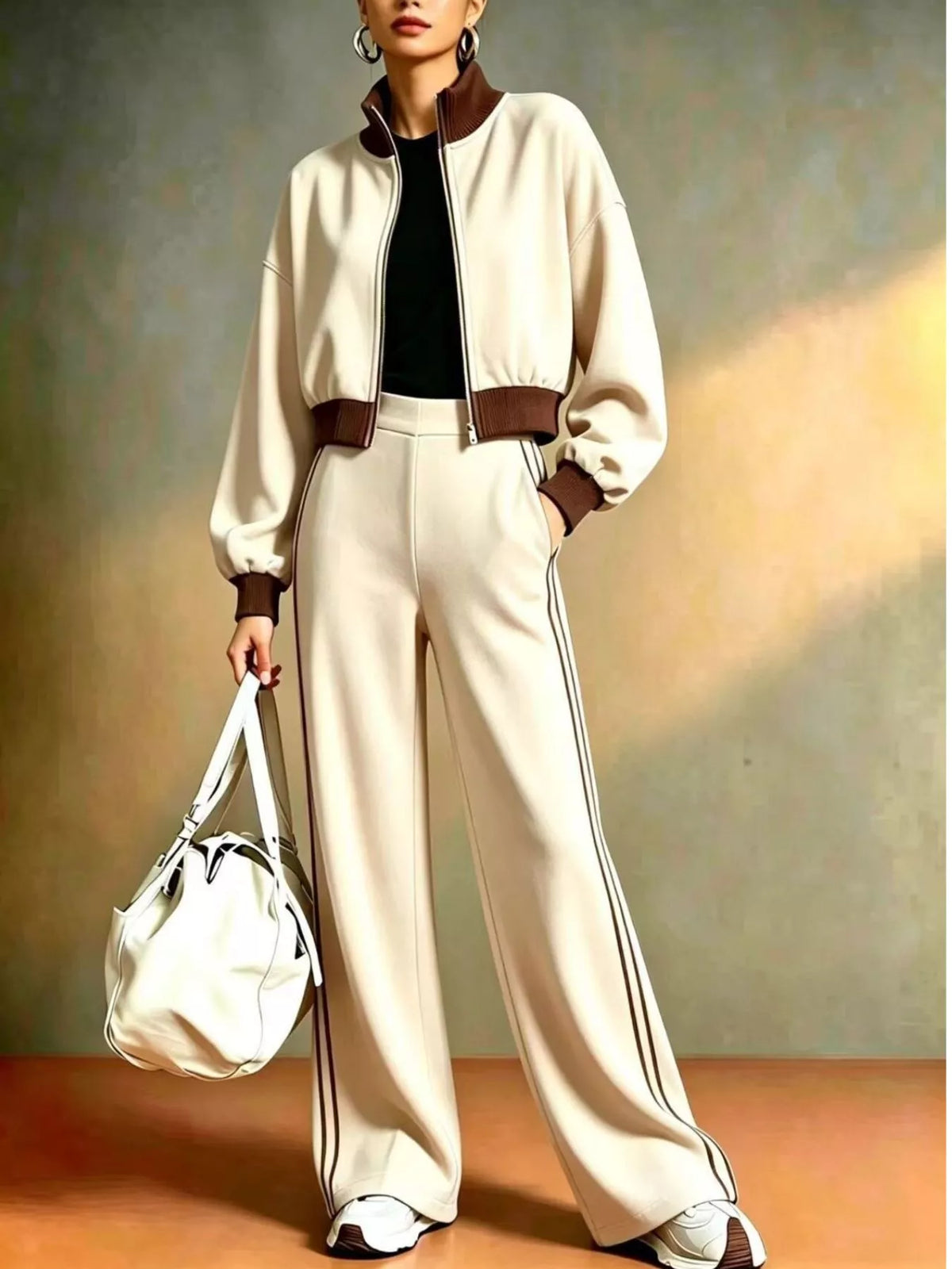 Contrast Ribbed Jacket & Wide-Leg Tracksuit Set by Belle Bijouix – view 1 of 9