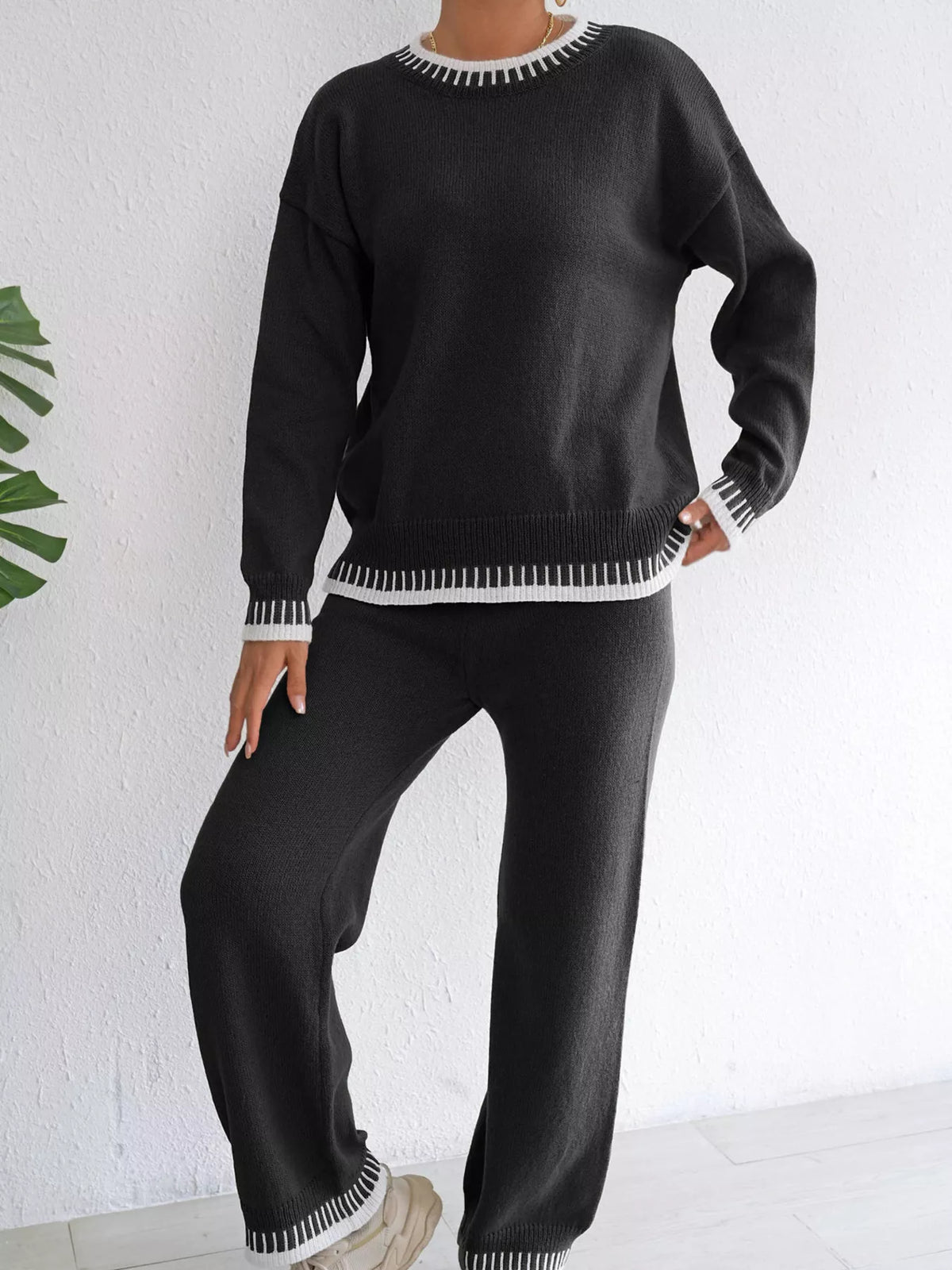 Contrast Trim Sweater & Pants Set