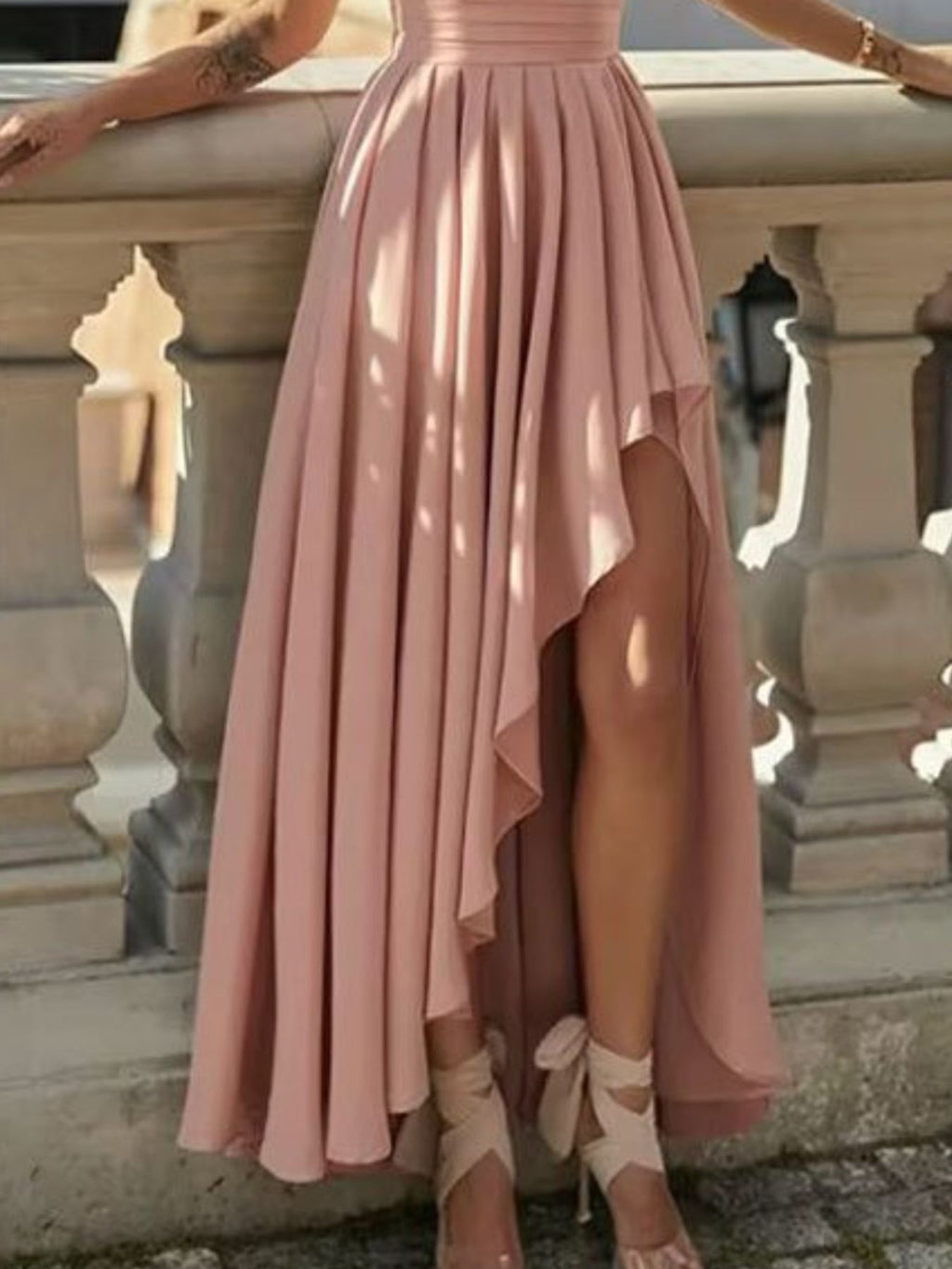 Full-size one-shoulder asymmetrical dress in blush pink by Bellebijouix for bridal party